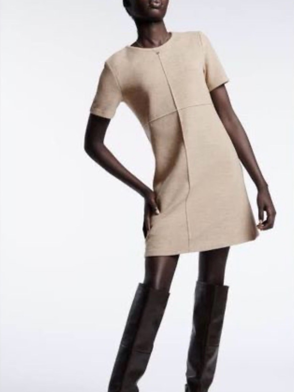 Zara Beige Short-Sleeve Shift Mini Dress